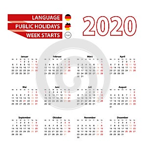 Calendar 2020 in Germany language with public holidays the country of German in year 2020