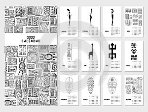 Calendar 2020. Hand drawn monthly calendar with African symbols and ornaments.