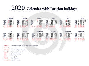 Calendar for 2020 with Russian holidays and weekends