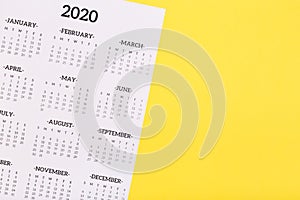 Calendar 2020  on solid yellow background with copy space, business meeting schedule, travel planning or project milestone and