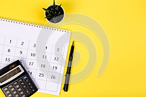 Calendar 2020  on solid yellow background with copy space, business meeting schedule, travel planning or project milestone and