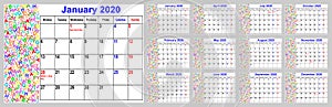 Calendar 2020 for the USA with colorful different letters in the left area