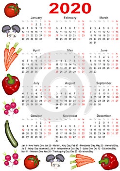 Calendar 2020 for USA with various vegetables