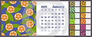 Calendar 2020. Vector English horisontal wall calender. Lemon, kiwi, pear, garnet, orange, pineapple, cherry, strawberry,