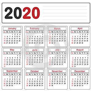 Calendar 2020 year simple and clean design template