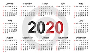 Calendar 2020 year simple and clean design template