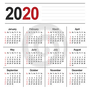 Calendar 2020 year simple and clean design template