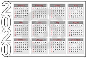 Calendar 2020 year simple and clean design template