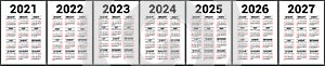 Calendar 2021, 2022, 2023 and 2024, 2025, 2026 and 2027. English vector set. Vertical wall or pocket calender template. Design