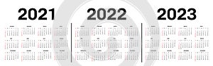 Calendar 2021, 2022 and 2023 template. Calendar template in black and white colors, holidays in red colors