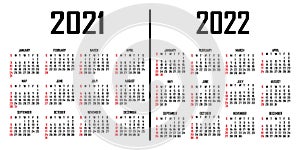 Calendar 2021-2022. The week begins on Sunday. Simple calendar template. Portrait of vertical orientation. Annual organizer of