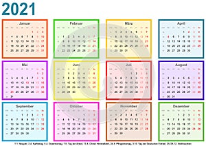 Calendar 2021 each month different colored square GER