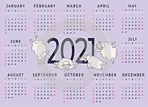 Calendar 2021. Horizontal template for a year - 12 months. Design - Yoga for pets. Cute funny Farm animals sheep are engaged in