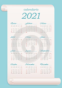 Calendar 2021 in Spanish on pachment