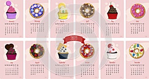Calendar for 2021 with sweet cupcakes and donuts. Twelve months of the year with flat vector illustrations for January