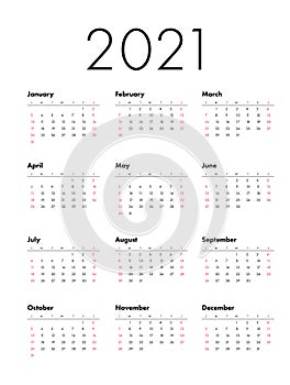 Calendar 2021 vector basic grid. basic design template