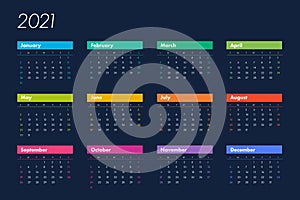 Calendar 2021 vector basic grid. basic design template