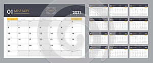 Calendar 2021 vector basic grid. Simple design template