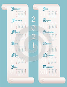 Calendar 2021 year template in english