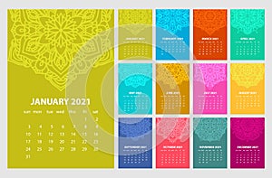 Calendar for 2021 year. Vintage decorative mandala elements. Week starts on sunday. Vintage style template for your design