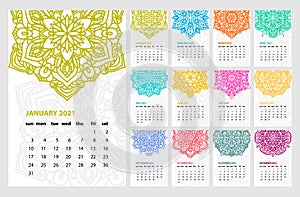 Calendar for 2021 year. Vintage decorative mandala elements. Week starts on sunday. Vintage style template for your design