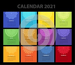 Calendar for 2021 year. Vintage decorative mandala elements. Week starts on sunday. Vintage style template for your design