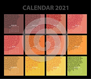 Calendar for 2021 year. Vintage decorative mandala elements. Week starts on sunday. Vintage style template for your design
