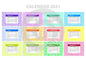 Calendar for 2021 year. Vintage decorative mandala elements. Week starts on sunday. Vintage style template for your design