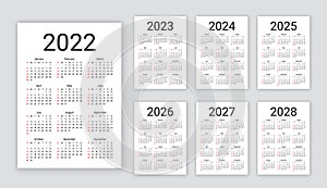 Calendar 2022, 2023, 2024, 2025, 2026, 2027, 2028 years. Vector illustration. Simple calender layout