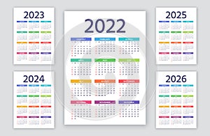 Calendar 2022, 2023, 2024, 2025, 2026 years. Vector illustration. Simple template