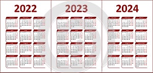 Calendar 2022, 2023, 2024. Week starts on Monday