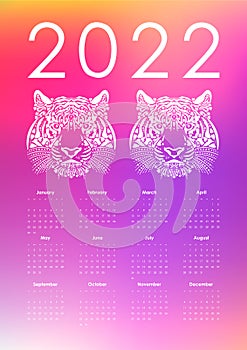 Calendar 2022.  Corporate design planner template. Year of the tiger with gradient.