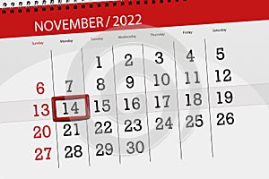 Calendar 2022, deadline, day, month, page, organizer, date, november, monday, number 14