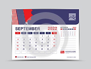 Calendar 2022 design, September month template, desk calendar 2022 layout, Usa flag background concept, wall calendar 2022 year