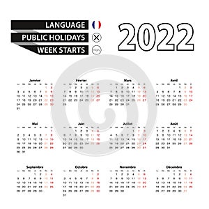 Calendar 2022 in French language, week starts on Monday