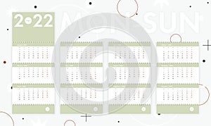 Calendar 2022 monday sunday vector clean simple style mint