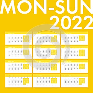 Calendar 2022 monday sunday vector clean simple style yellow