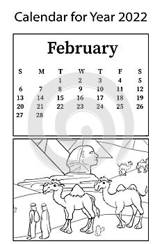 Calendar for 2022. Month of February. Raster coloring book. Desert, camels, sand and pyramids.