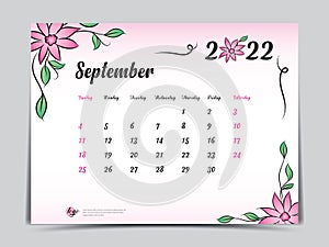 Calendar 2022 template with pink flowers background, September 2022 template, Monthly calendar with flora natural patterns