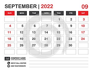 Calendar 2022 template, September 2022 layout, Desk calendar 2022 year, Wall calendar design, Week starts on sunday, Planner