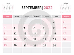 Calendar 2022 template, September 2022 layout, Printable minimalist monthly planner, Desk Calendar 2022 template, Wall calendar