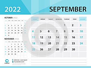 Calendar 2022 template, September 2022 year, Desk Calendar 2022 vector, Blue color, Week Start On Sunday, Wall calendar 2022