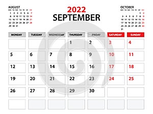 Calendar 2022 template, September 2022 year, planner template, monthly and yearly planners, week start monday, wall calendar desig