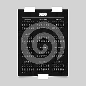 Calendar for 2022 year on black crumpled paper poster mockup