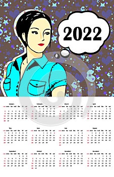 Calendar 2022 year in English with beauty South Asian female 20s with black short haircut. The girl's head is turned to