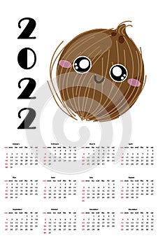 Calendar 2022 year in English for children with cute funny coconut character which smilling. Week starts on Sunday