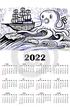 Calendar 2022 year in English for children with giant octopus child blowing on the sailing ship in the ocean. Hand drawn