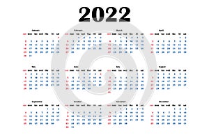 Calendar 2022 year vector template in English. Week starts on Sunday