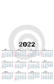 Calendar 2022 year vertical vector template with free space for image. Week starts on Sunday. Poster calendar