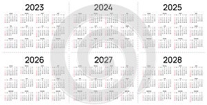 Calendar 2023, 2024, 2025, 2026, 2027, 2028 years. Modern calender template. Vector illustration